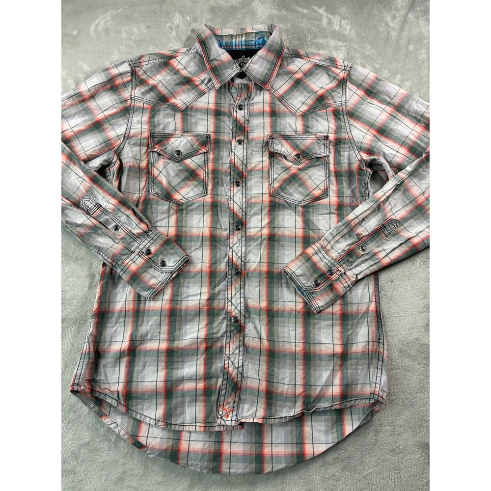 Wrangler 20X Mens Western Plaid Snap Button Down Shirt Grey Green Orange MJ1392M